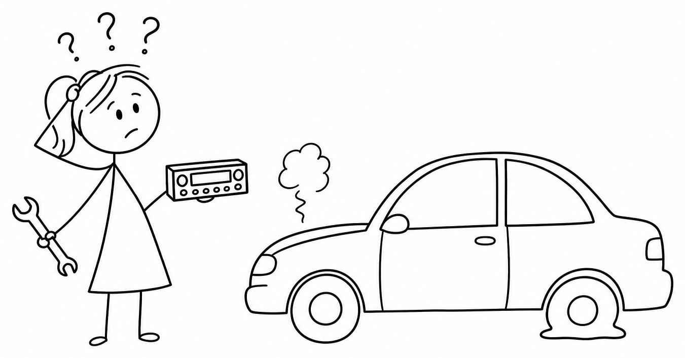 Cartoon of a woman holding a wrench and a car radio beside a broken-down car
