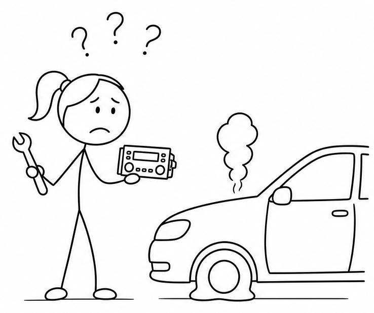 Cartoon of a confused woman holding a wrench and a car radio next to a broken-down car