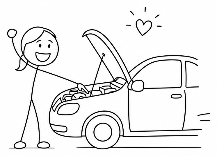 Cartoon of a happy woman looking under the bonnet of her car and fixing the engine