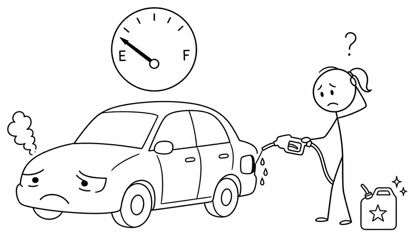 Cartoon of a woman putting only a trickle of premium fuel into an unhappy car with an empty fuel gauge