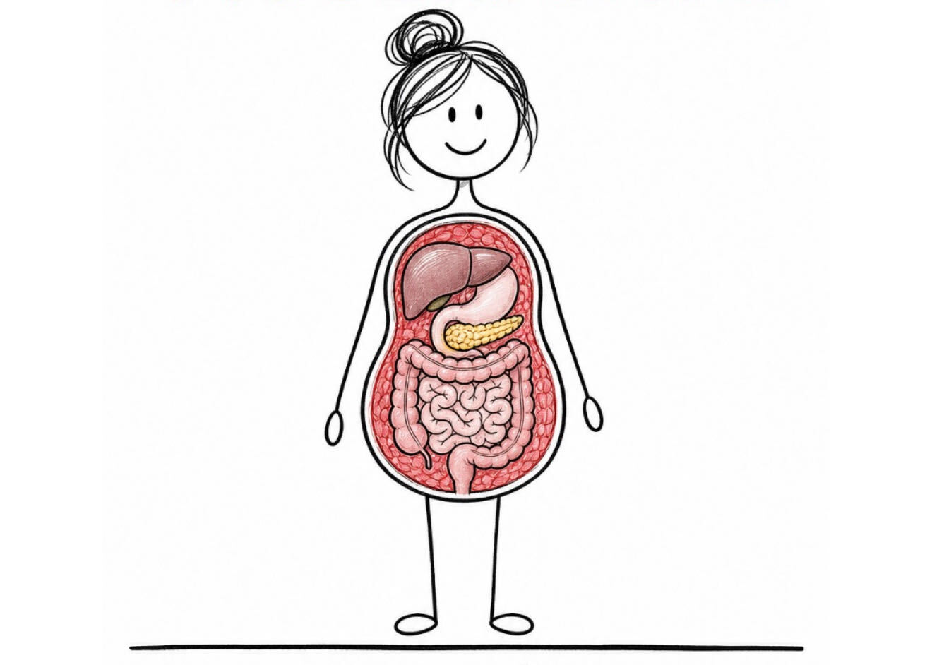 Cartoon of a woman with visceral fat wrapped around her organs